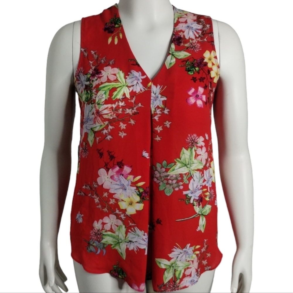 Rose + Olive Sleeveless Red Floral‎ Blouse Women's Medium Boho, Sheer, Top